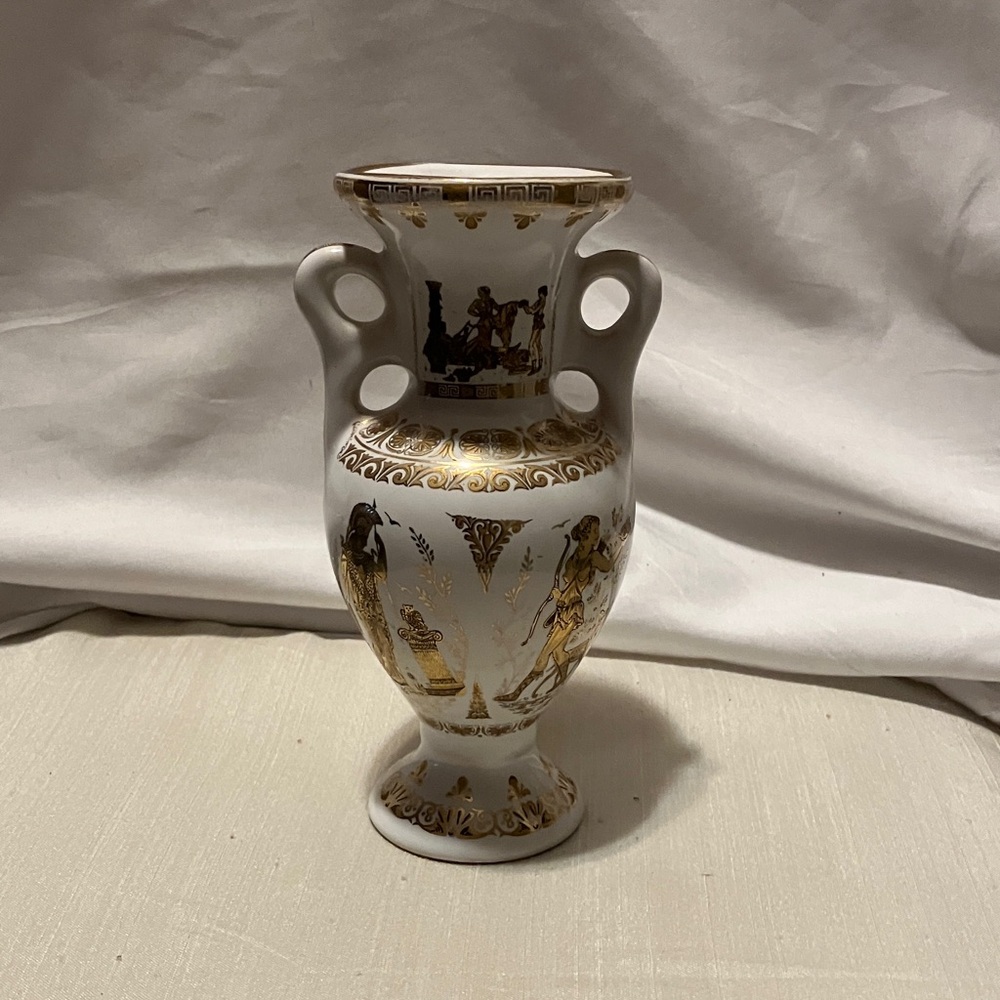 Vintage , hand crafted n painted with 24k gold designs mini urn. 6” high -3”